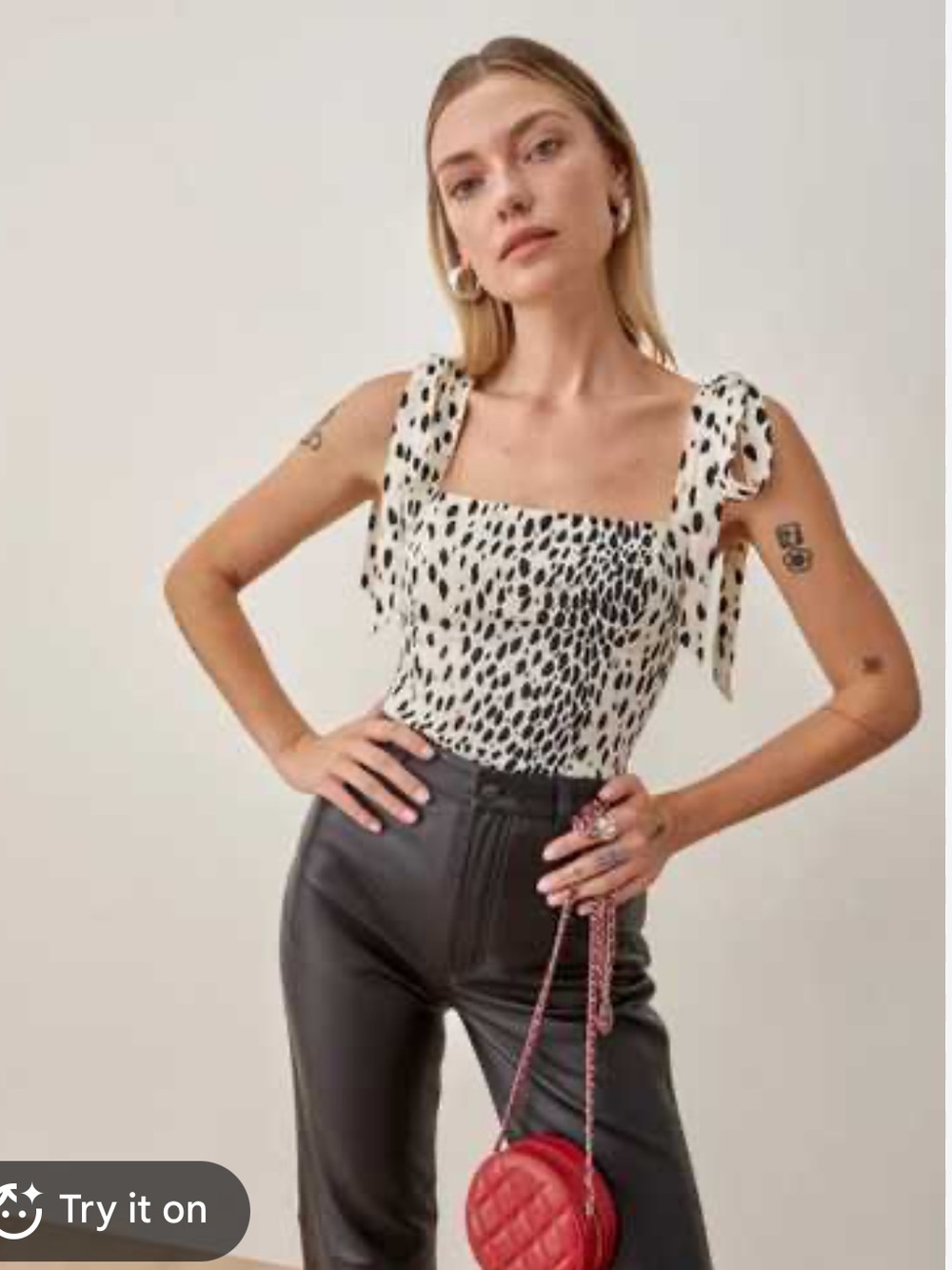 Reformation Ellora Cream & Black Spotted Tie-Shoulder Camisole